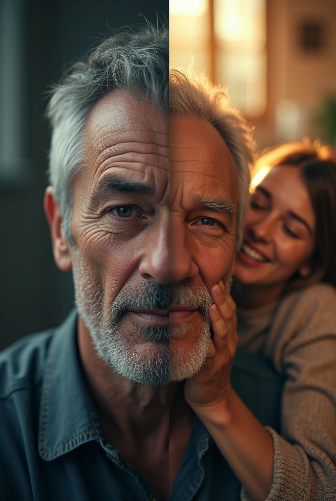 Two pictures in one frame. In the first half pic, a sad lonely man lost what to do .in the second pic, he is enjoying his own life with his family
