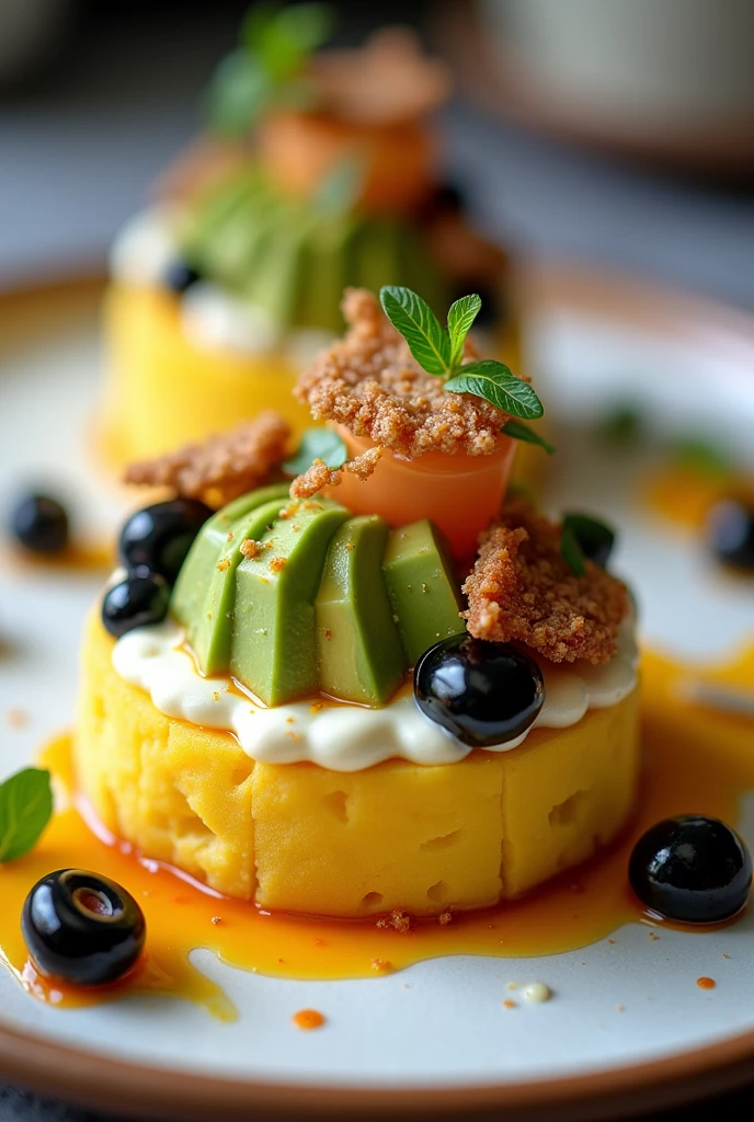 small entrance of Lima cause, prepared with mullet fish, avocado, yellow potato, spiced cream cheese, Crispy leek inside the preparation, dy decorated with black olive, a hard-boiled egg shell and pickled onion