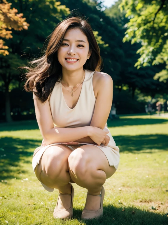(RAW Photos:1.2), (Realistic:1.4),Beautiful detailed woman,非常にfine grainと顔, fine grain, Very detailed,High resolution, Very detailed,Highest quality,Raise your consciousness,Unified,8k wallpaper,masterpiece,Highest quality,1 female,alone,rich,Whole Body Ezbian,(A little chubby:0.9),Toned figure,,Tight waist,Crouching,(Beige one-piece suit,mini skirt,High heels),Jewelry Necklace Medium Long Hair,A kind smile,A dignified atmosphere,black eye,Realistic,Central Park , (Morning Park:1.1)