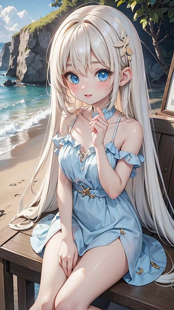 Late 20s European woman、Anime-style illustrations。Short stature with a youthful appearance、Fair skin。Short stature with a youthful appearance、Long, bright golden-white hair、Big Blue Eyes。Delicate and slender figure。Wearing a fairy-like elegant dress。Cute expressions and gestures。The background is a sunny beach。Enjoying the sea up to his knees。Overall delicate and dreamy atmosphere。High-quality digital art。