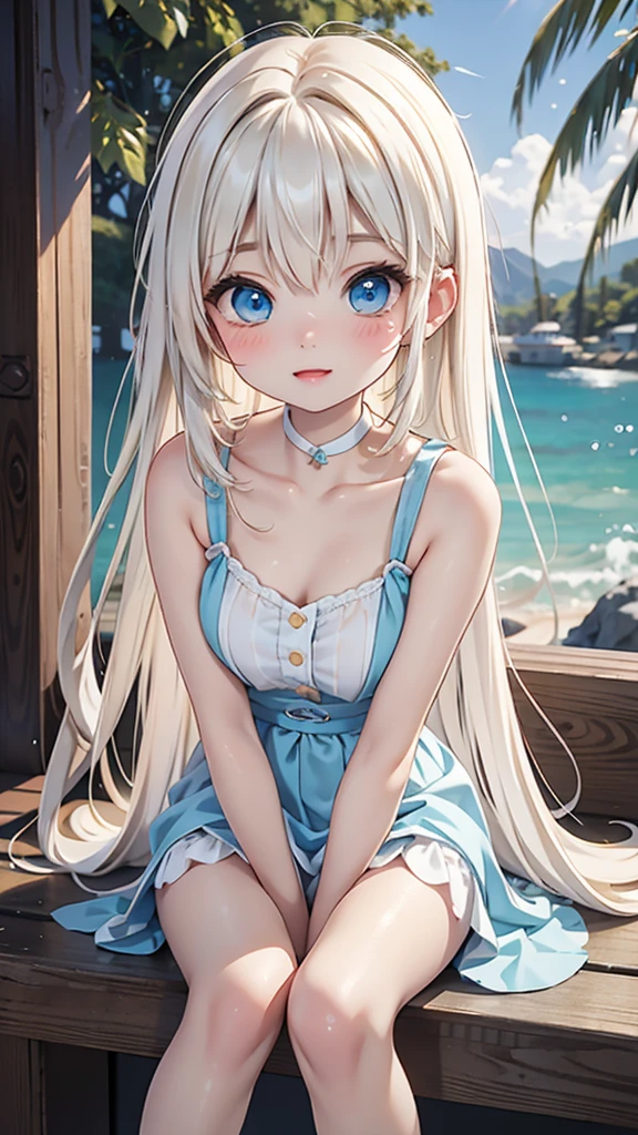 Late 20s European woman、Anime-style illustrations。Short stature with a youthful appearance、Fair skin。Short stature with a youthful appearance、Long, bright golden-white hair、Big Blue Eyes。Delicate and slender figure。Wearing a fairy-like elegant dress。Cute expressions and gestures。The background is a sunny beach。(Enjoying the sea up to his knees。)Overall delicate and dreamy atmosphere。High-quality digital art。