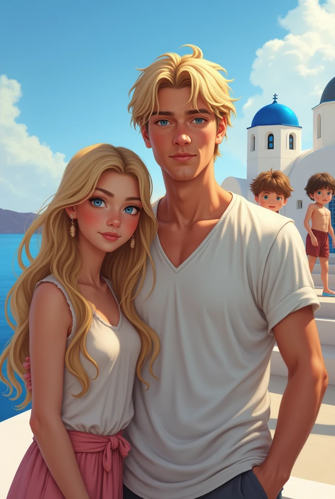 Blond man with blue eyes next to a young beautiful blonde girl, long hair. With three small children, two boys and a girl behind Santorini.