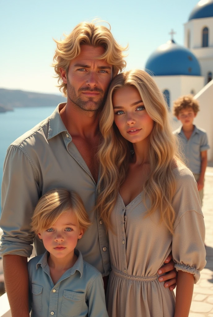 Blond man with blue eyes next to a young beautiful blonde girl, long hair. With three , two boys and a girl behind Santorini.