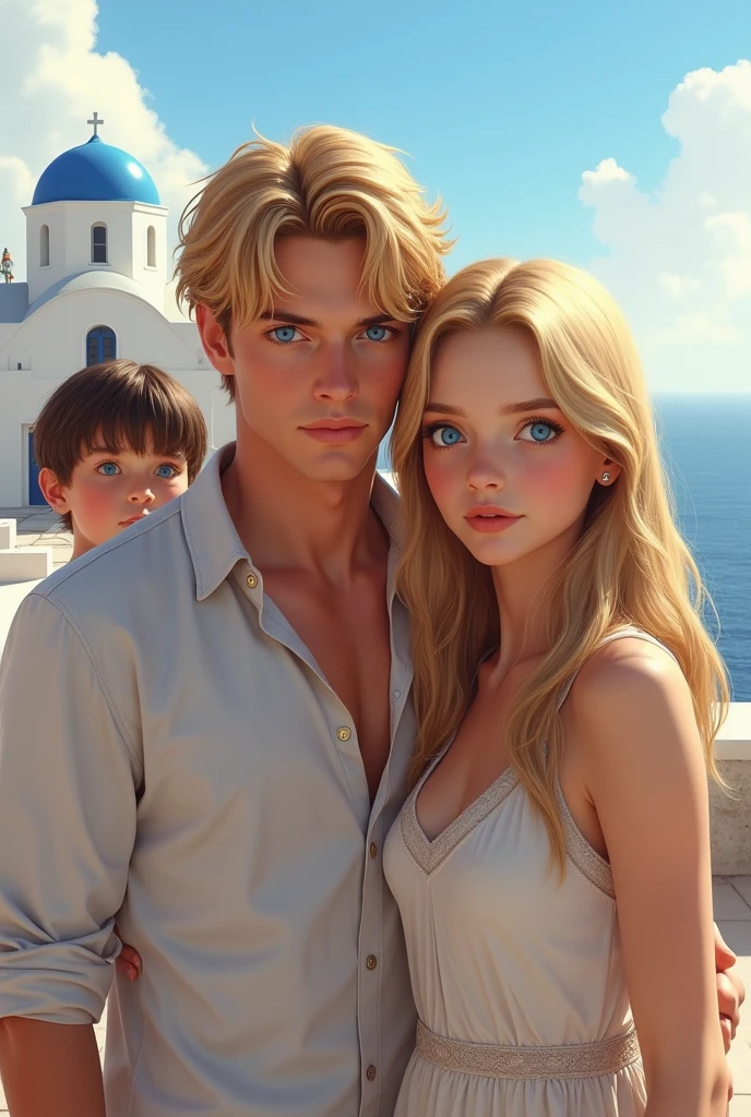 Blond man with blue eyes next to a young beautiful blonde girl, long hair. With three small children, two boys and a girl behind Santorini.