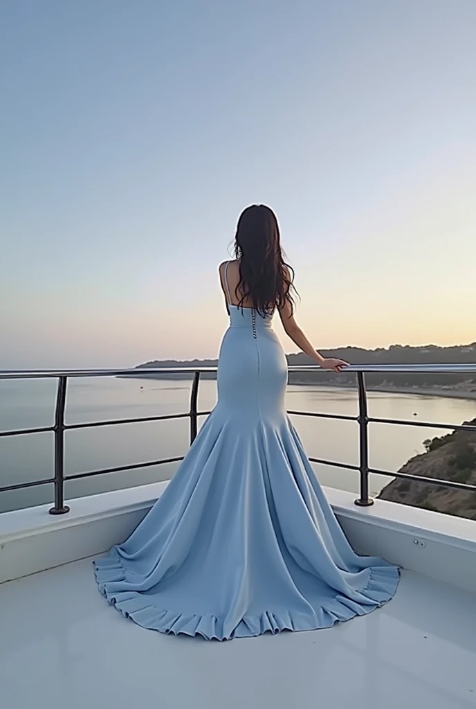 Long black hair girl, Sky blue fitted dress , She has big hips, big bust,