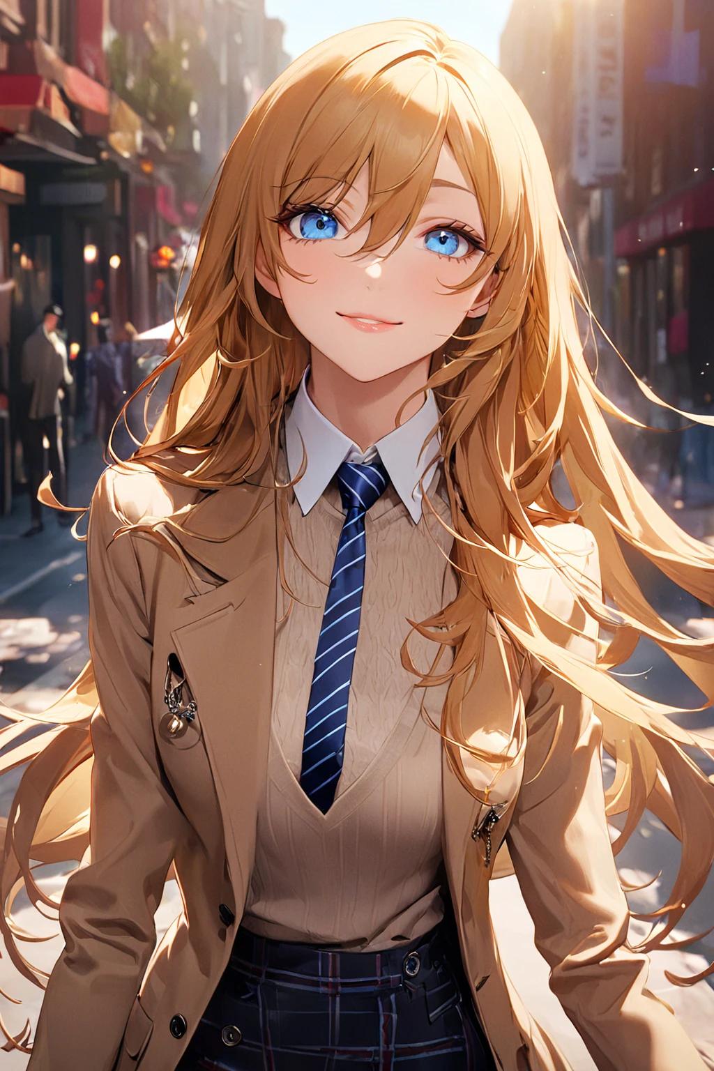 Long Hair, (blue eyes:1.3), Golden Hair, Hair between the eyes, smile,Mannish Fashion,
Long coat, Skinny pants, jewelry,Transparent black and brown vertical stripes , Striped, bracelet, Plaid, Plaid skirt, Striped necktie, Collared shirt, (Light brown sweater:1.2),
break downtown,sunlight,
break looking at viewer, (Cowboy Shot),
break (masterpiece:1.2), Highest quality, High resolution, unity 8k wallpaper, (figure:0.8), (Beautiful attention to detail:1.6), Highly detailed face, Perfect lighting, Highly detailed CG, (Perfect hands, Perfect Anatomy),Leaning forward、Beg for a kiss、Poke out your lips、Put your arms behind your back