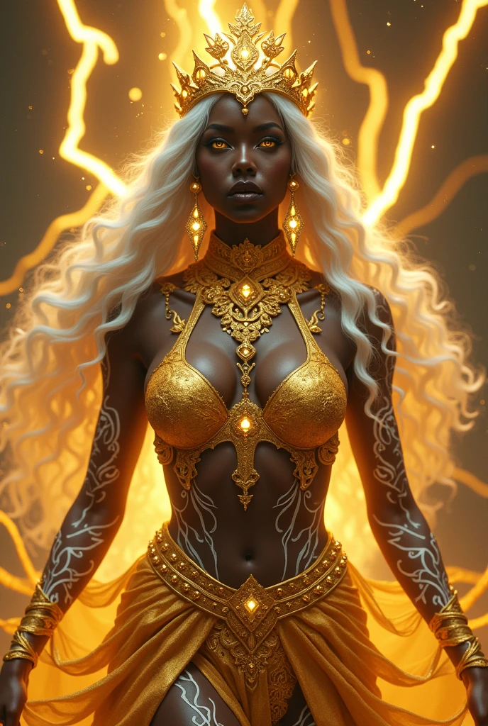 Black women. Upper Body encrusted in gold. Golden eyes. White glowing intricate tattoo's covering her body length. Sultry look. Long white hair that reaches her feet. White crown on head that reaches her forehead. Glowing white eyes. Long white earrings. Full Finger Chinese style gold rings. Filled with golden lightening. Air crackling with lightening. Levitating. Ultra high quality.
