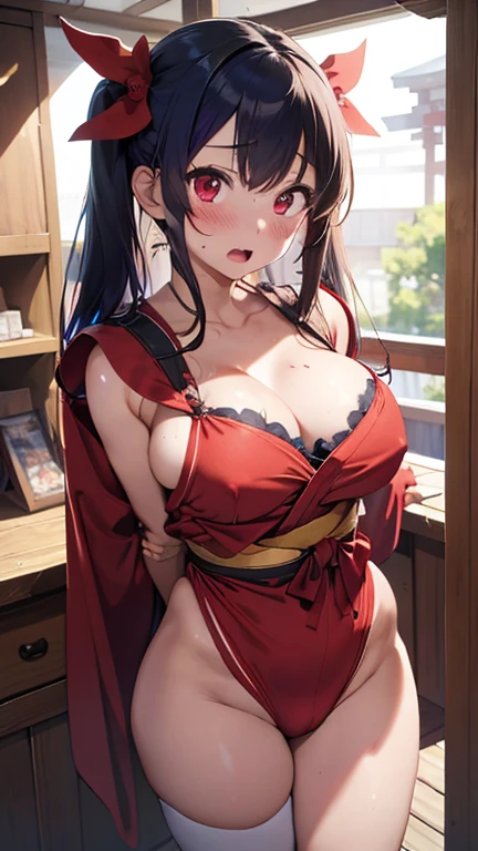 mastute piece,Best Quality,insanely detailed,8k cg,nsfw,
(shoot upper body:1.3),
(1girls:1.3),standing,looking at viewr,body in front,((both arms behind back:1.4)),(shrine maiden costume:1.4,red hakama:1.2),(bare breasts),break,
blush,shy,(ecstasy face),(trembling:1.2),break,(light blue hair),
break,
perfect breasts,perfect teats,(open mouth:0.9),(large breasts:1.3),
(shrine:1.1),