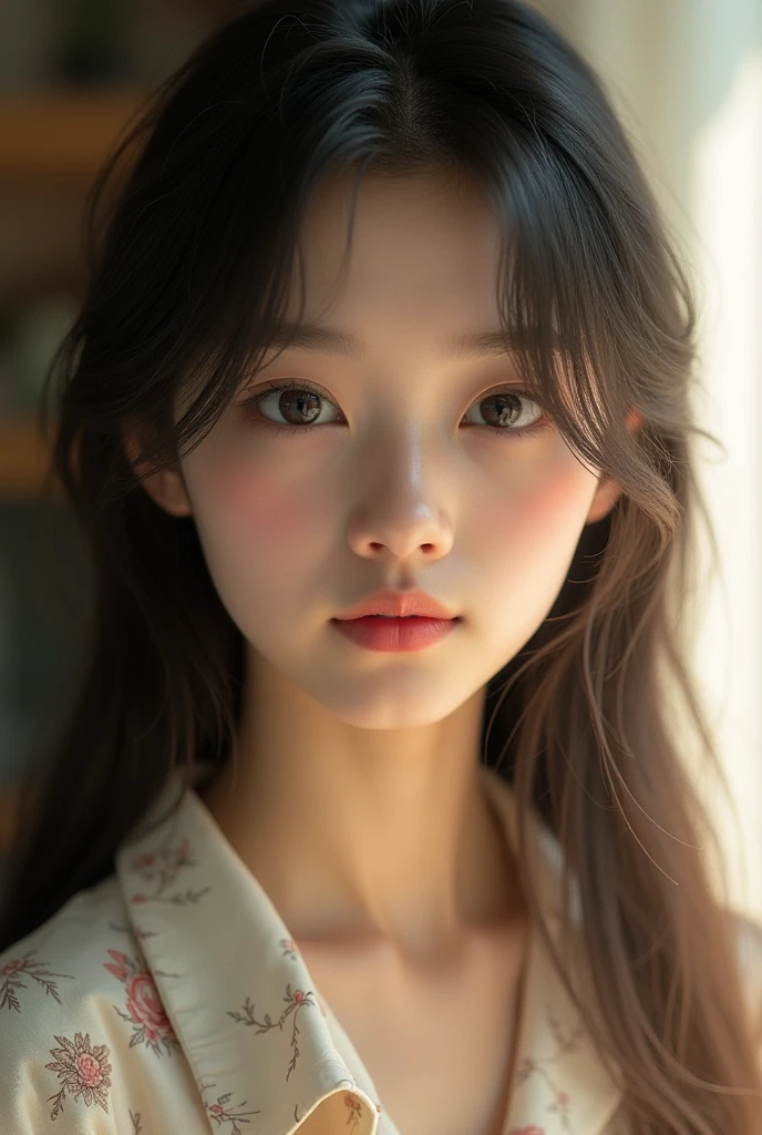 best quality, face focus, soft light, ultra high res, (photorealistic:1.4), RAW photo,
1japanese girl, solo, cute, (pupil, lights in the eyes),  detailed beautiful face, (small chest),(high resolution detail of human skin texture),
(long hair),
indoor,
Damask Shirt Dress,
(portrait)