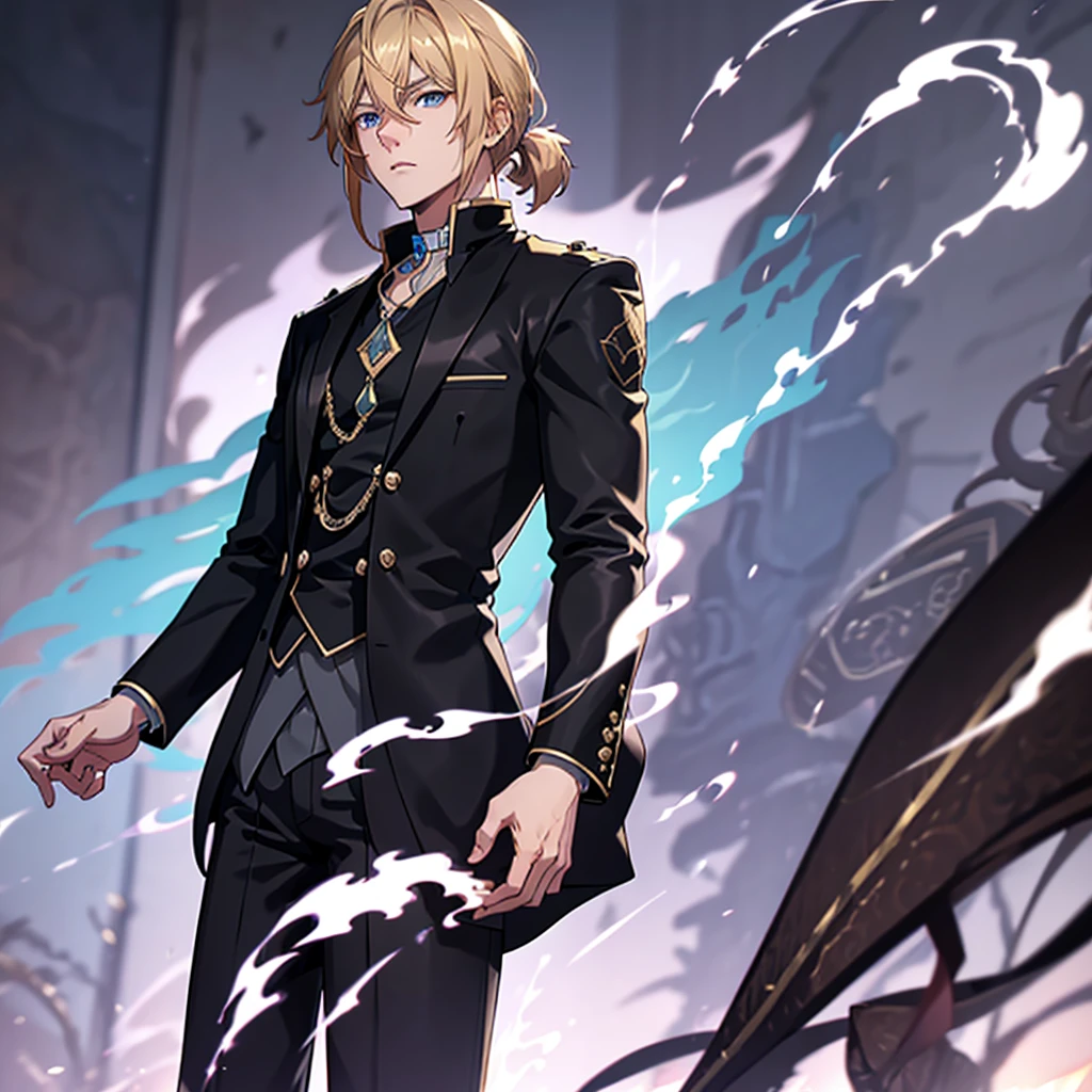 Anime attractive man, 20 year old, blonde hair, very very short ponytail, tall, muscular, solo, one person, light blue gold-accented, high-collared dress shirt, black choker, dark blazer with gold lining and buttons unbuttoned, long dark overcoat with a fur trim, rolled up sleeves, rolled up sleeves, rolled up sleeves, rolled up sleeves.