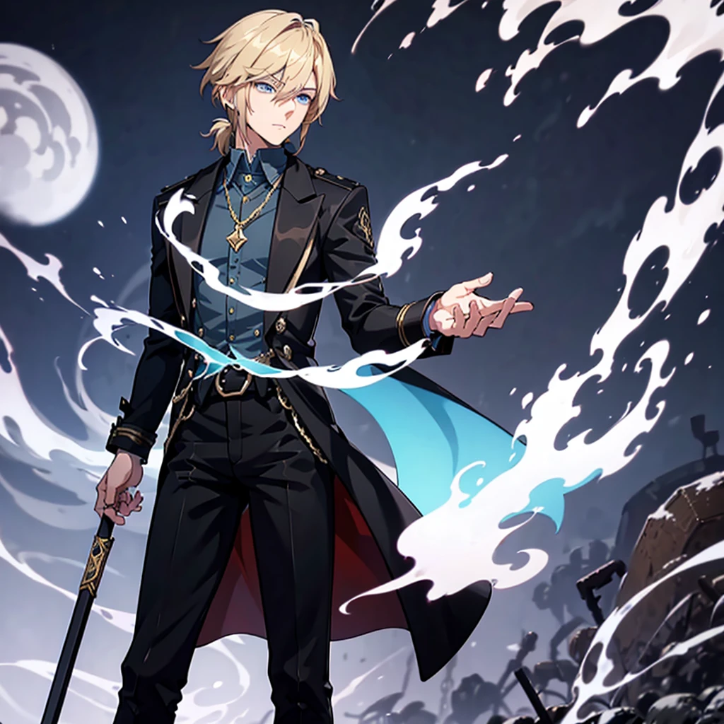 Anime attractive man, 20 year old, blonde hair, very very short ponytail, tall, muscular, solo, one person, light blue gold-accented, high-collared dress shirt, black choker, dark blazer with gold lining and buttons unbuttoned, long dark overcoat with a fur trim, rolled up sleeves, rolled up sleeves, rolled up sleeves, rolled up sleeves.