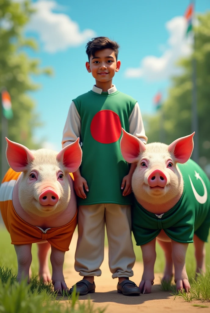 Bangladeshi young boy Wearing bangladeshi flag. With 2 pigs, one pig is wearing indian flag and other pig is wearing pakistani flag.