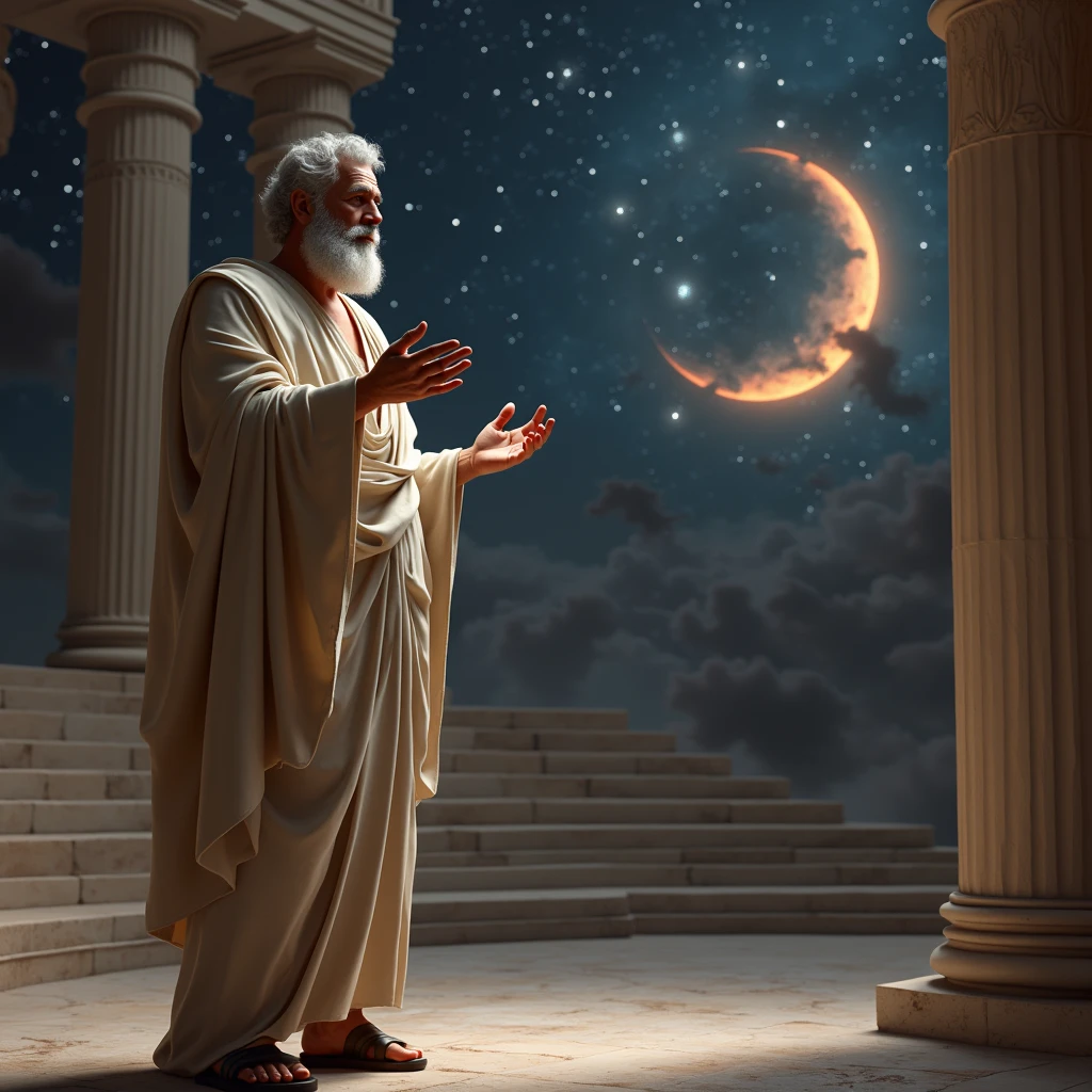 "Una realistic image de Platón emseñando sobre el origen del universo" (realistic image)