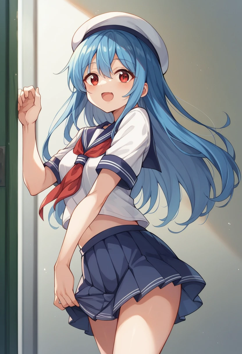 girl、Primary school students、Red Eyes、Blue Hair、A sailor suit that looks like it is about to burst、Primary school studentsにしては大きすぎるおっぱい、White beret、Ultra mini skirt、I'm being blown by the wind from the right、Holding the hat with both hands、smile、1 person