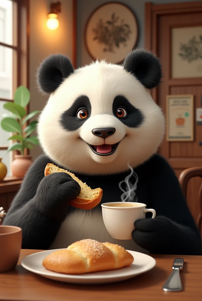 Draw a semi realistic panda, nice and happy look, must be in a cafeteria eating bread with coffee.