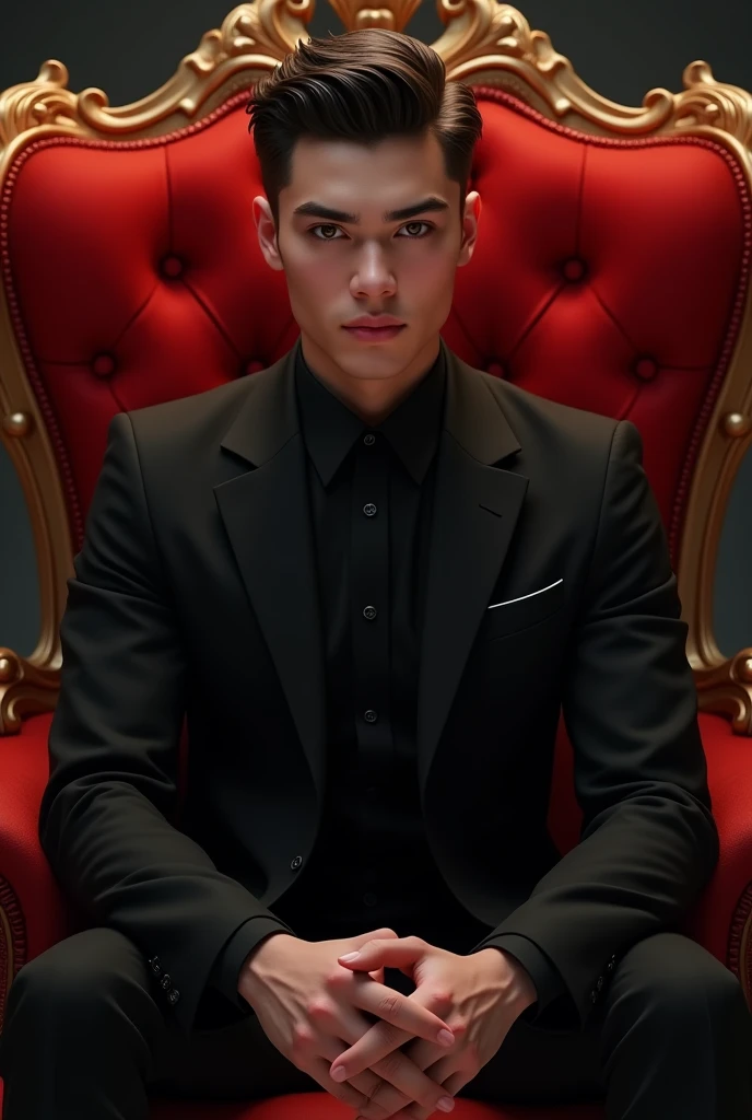 Handsome 25 yearsold semi animated man sitting in the red royal chair wearing black suit. Portrait picture.