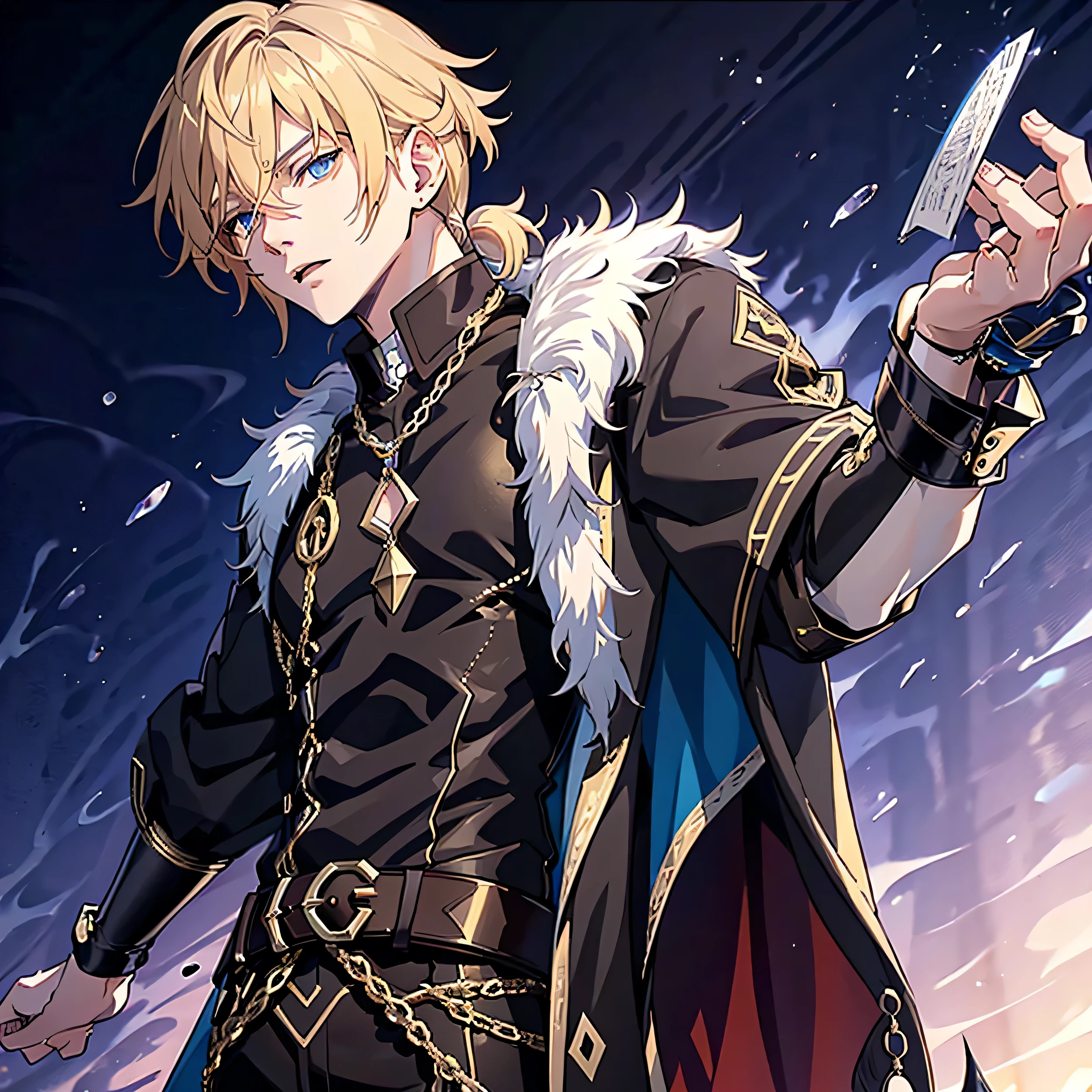 Anime attractive man, 20 year old, blonde hair, very very short ponytail, tall, muscular, solo, one person, light blue gold-accented, high-collared dress shirt, black choker, dark blazer with gold lining and buttons unbuttoned, long dark overcoat with a fur trim, sleeve cuffs rolled up near elbows.