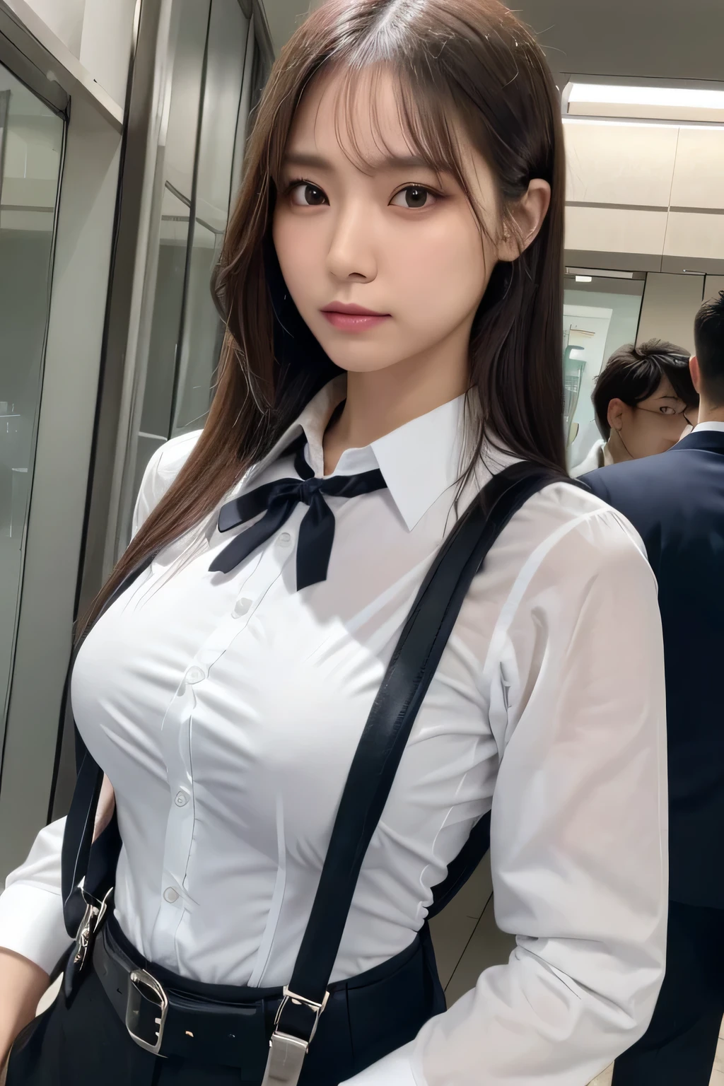 a woman in a suit, belt, hands behind back, sweating, suspenders, black pants, sexly, large breasts, see-through clothing,, detective, office worker, white button-up shirt, (best quality,4K,8k,highres,masterpiece:1.2),ultra-detailed,(realistic,photorealistic,photo-realistic:1.37),hyper-detailed,highly detailed face and body, Slender　thin　suspenders　Moderate breasts　See-through shirt　Nipples　holster　chain　Pistol　Armament　criminal　Female criminal　knife　japanese　profile　Japanese women　arrested handcuff　Cable tie on thumb　Restraint Fingercuffs
