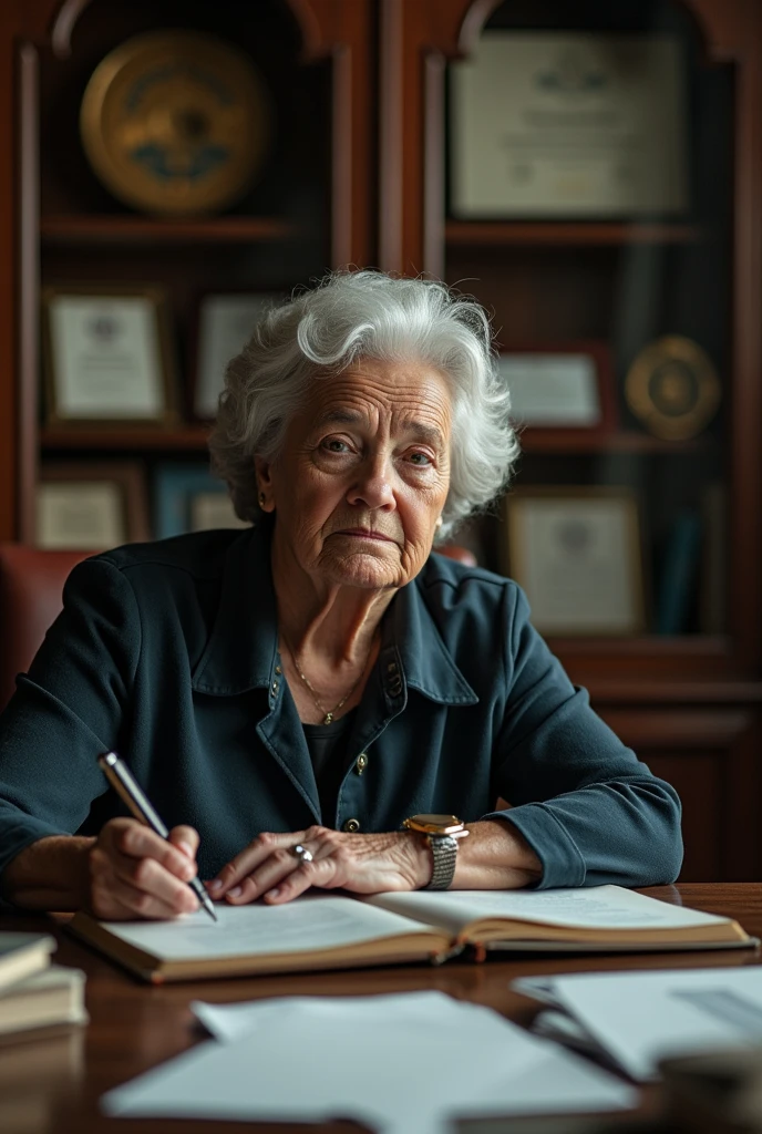 General shot of Maria Nieves, mayor, writing at his desk. The passage of time is noticeable, but his expression remains firm and determined.