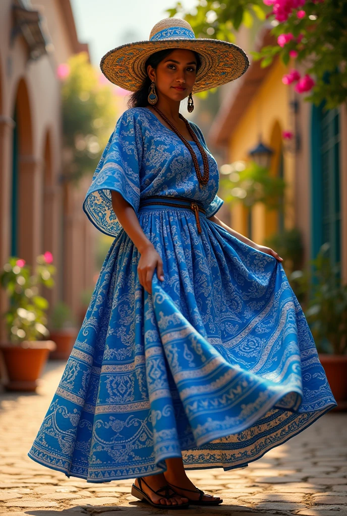 Nicaraguan folk costume with blue and white pattern and hat