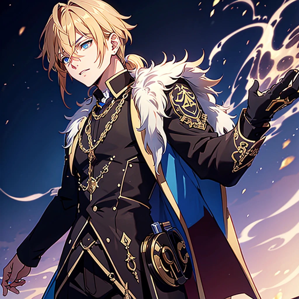 Anime attractive man, 20 year old, blonde hair, very very short ponytail, tall, muscular, solo, one person, light blue gold-accented, high-collared dress shirt, black choker, dark blazer with gold lining and buttons unbuttoned, long dark overcoat with a fur trim, rolled up sleeves, rolled up sleeves, rolled up sleeves, rolled up sleeves.