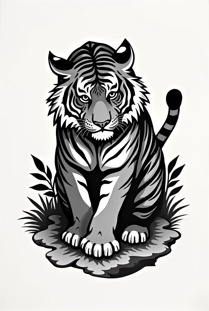 Drawn Asian style tiger linoprint black and white