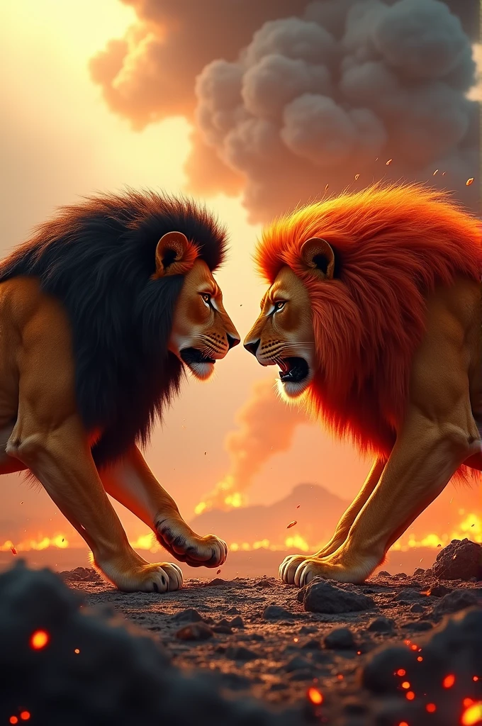 A lion with orange fur and a black mane vs a lion with a red mane on a burning rock