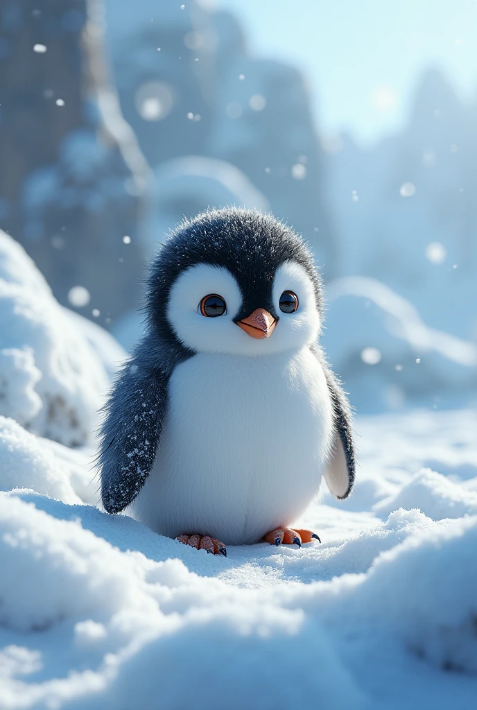 a penguin in a snowy landscape, detailed, cute penguin, (best quality,4k,8k,highres,masterpiece:1.2),ultra-detailed,(realistic,photorealistic,photo-realistic:1.37),snow, snowfall, cold temperature, winter, ice, frozen, blizzard, (extremely detailed eyes and face:1.5),adorable, playful, curious, (cinematic lighting:1.2),vibrant colors,natural environment