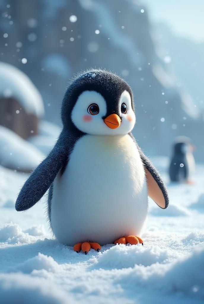 a penguin in a snowy landscape, detailed, cute penguin, (best quality,4k,8k,highres,masterpiece:1.2),ultra-detailed,(realistic,photorealistic,photo-realistic:1.37),snow, snowfall, cold temperature, winter, ice, frozen, blizzard, (extremely detailed eyes and face:1.5),adorable, playful, curious, (cinematic lighting:1.2),vibrant colors,natural environment