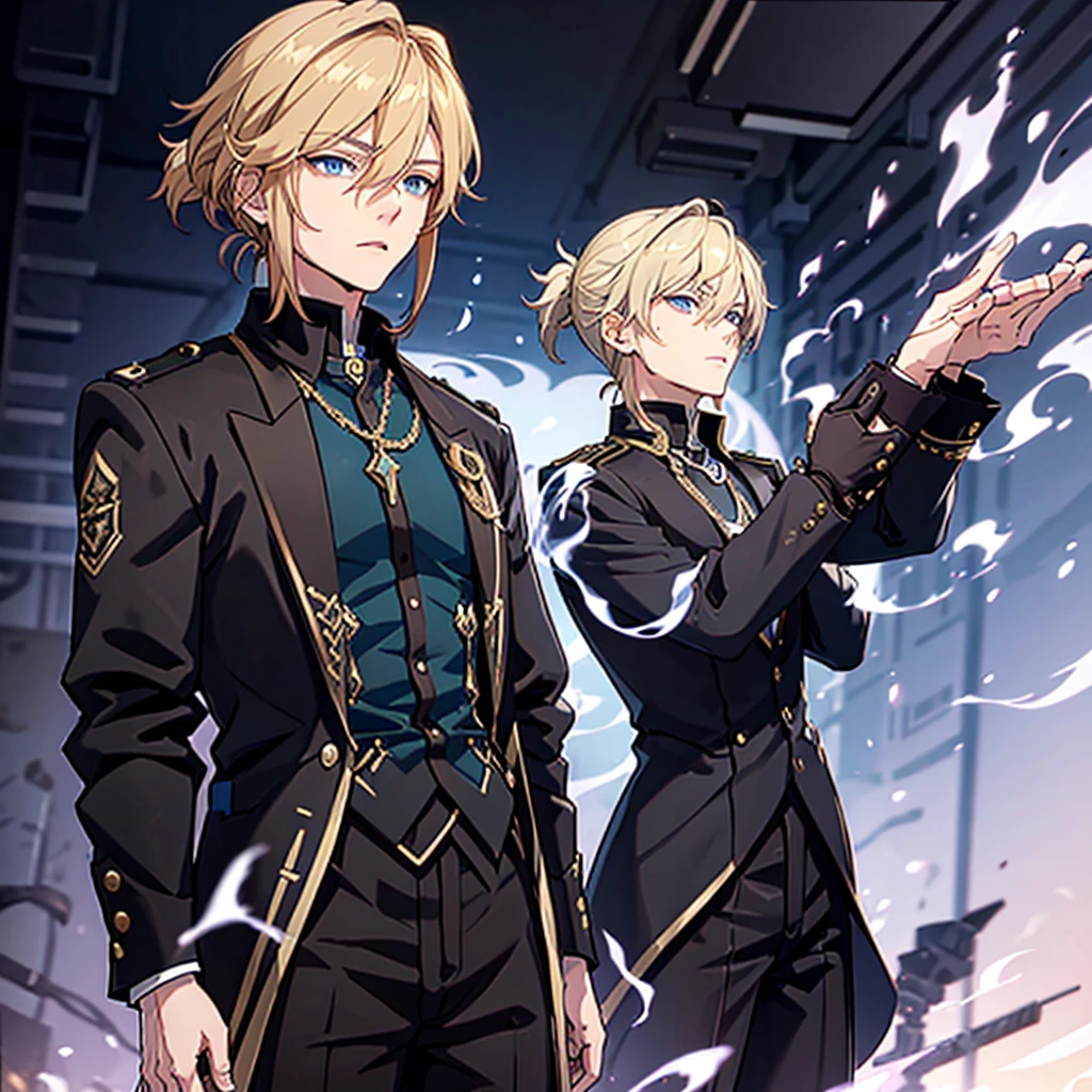 Anime attractive man, 20 year old, blonde hair, very very short ponytail, tall, muscular, solo, one person, light blue gold-accented, high-collared dress shirt, black choker, dark blazer with gold lining and buttons unbuttoned, long dark overcoat with a fur trim, rolled up sleeves, rolled up sleeves, rolled up sleeves, rolled up sleeves.