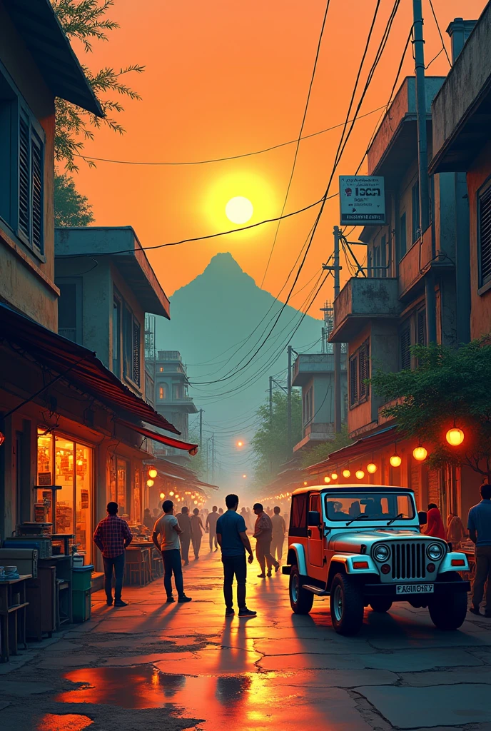 Graphic design studio in front,Indian city street,evening orange sky,greenish hill background,Jeep parking outside,wetroad
