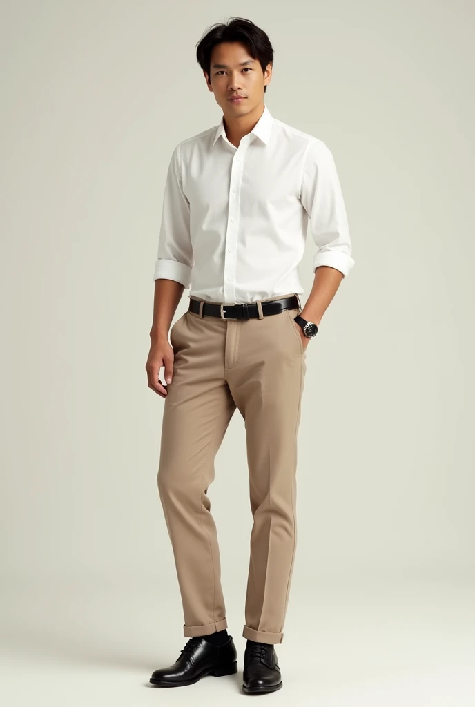 Make me a person with beige pants, white shirt and black shoes