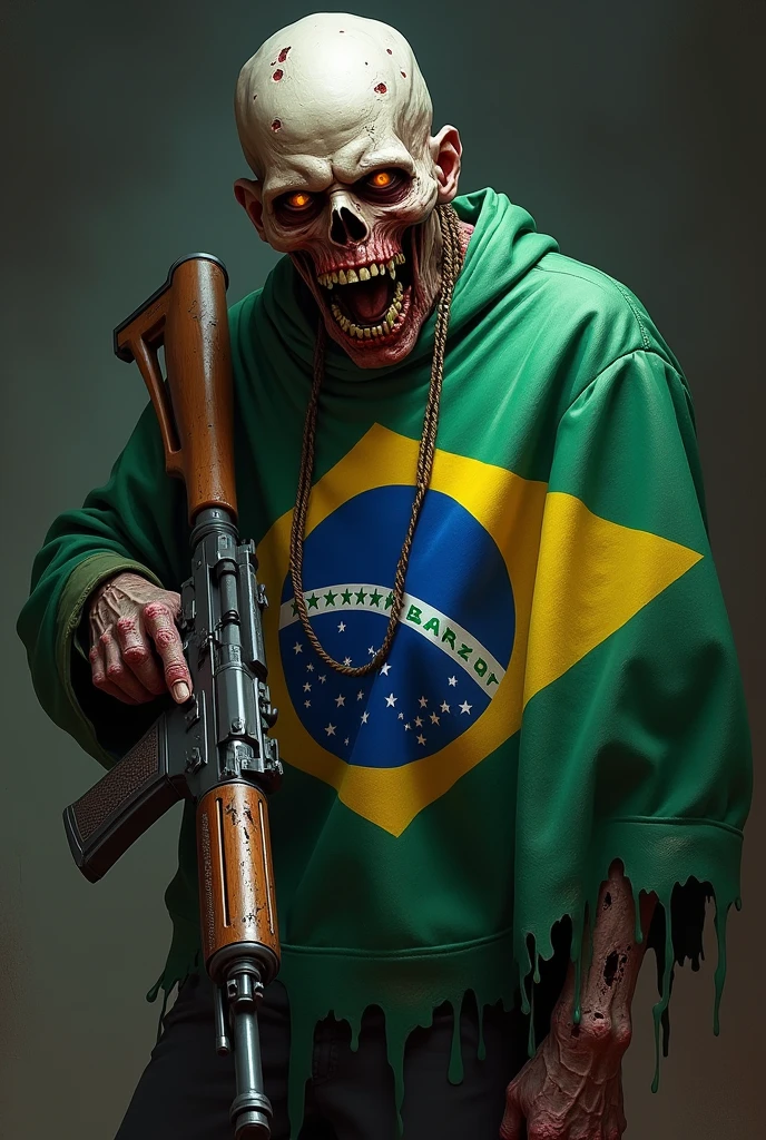 Zombie with the Brazilian flag With a rifle in his hand 