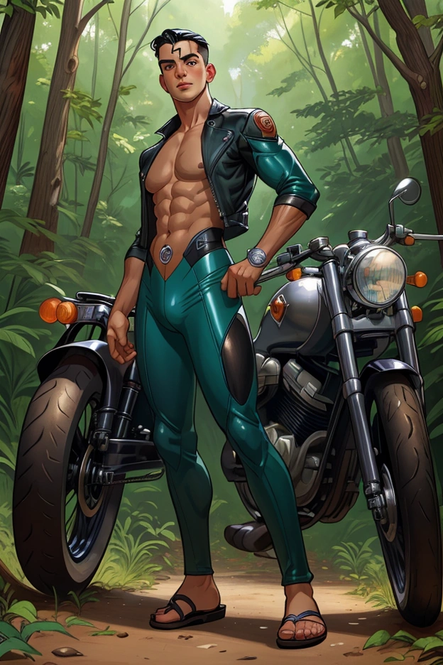 Fullbody in norman_rockwell+jc_leyendecker, art style, a very young man standing next to harley classic chrome blue motorcycle, in the woods, full body, very serious gaze, detailed nose, green eyes, thin lips, square chin, black hair, wearing swimmsuit and flip flop sandals, fitness body, superdetailed face, handsome, detailed body, shirtless, young man, riding a motorcycle in the woods daylight global lighting, focus on the man perfect boby