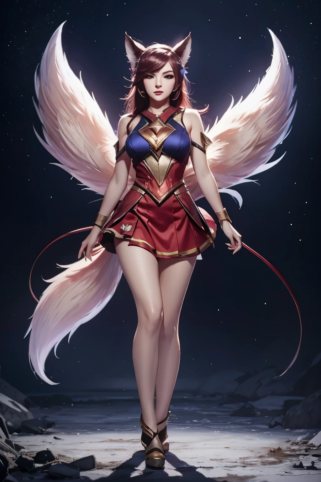 Ahri league of legends, nine red tipped fox tails, standing, face detailed, star guardian costume, short skirt, fully body, super detaill, high resolution, 8k, Overview, iluminação Ray Tracing