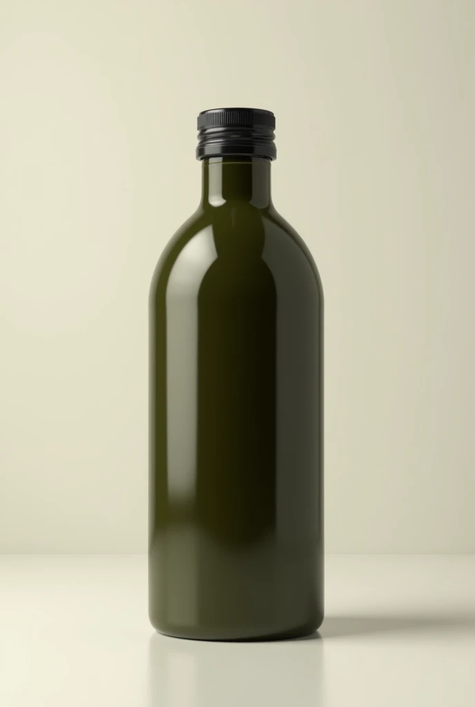 A bottle of dark olive oil, cylindrical in shape with a base that is narrower than the top and a narrow, short neck with a black screw-on lid