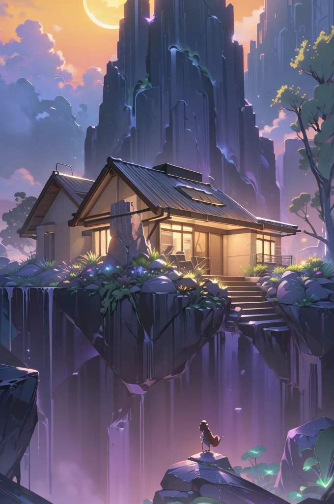 small and beautiful modern house in top of big boulders, terraces, pool, stairs, multiple cacti gardens, palms, trees, rocks, beautiful landscape design, mountains and volcano y background, amazing clouds, sun, moon, planets, milky way galaxy, concrete, wood, glass and steel materials, olive green, violet, orange and withe colors in facade