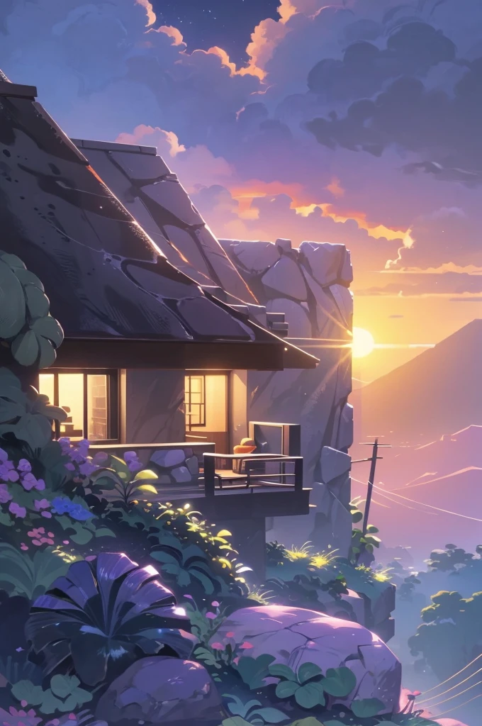 small and beautiful modern house in top of big boulders, terraces, pool, stairs, multiple cacti gardens, palms, trees, rocks, beautiful landscape design, mountains and volcano y background, amazing clouds, sun, moon, planets, milky way galaxy, concrete, wood, glass and steel materials, olive green, violet, orange and withe colors in facade