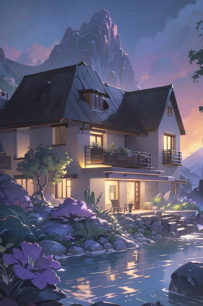 small and beautiful modern house in top of big boulders, terraces, pool, stairs, multiple cacti gardens, palms, trees, rocks, beautiful landscape design, mountains and volcano y background, amazing clouds, sun, moon, planets, milky way galaxy, concrete, wood, glass and steel materials, olive green, violet, orange and withe colors in facade