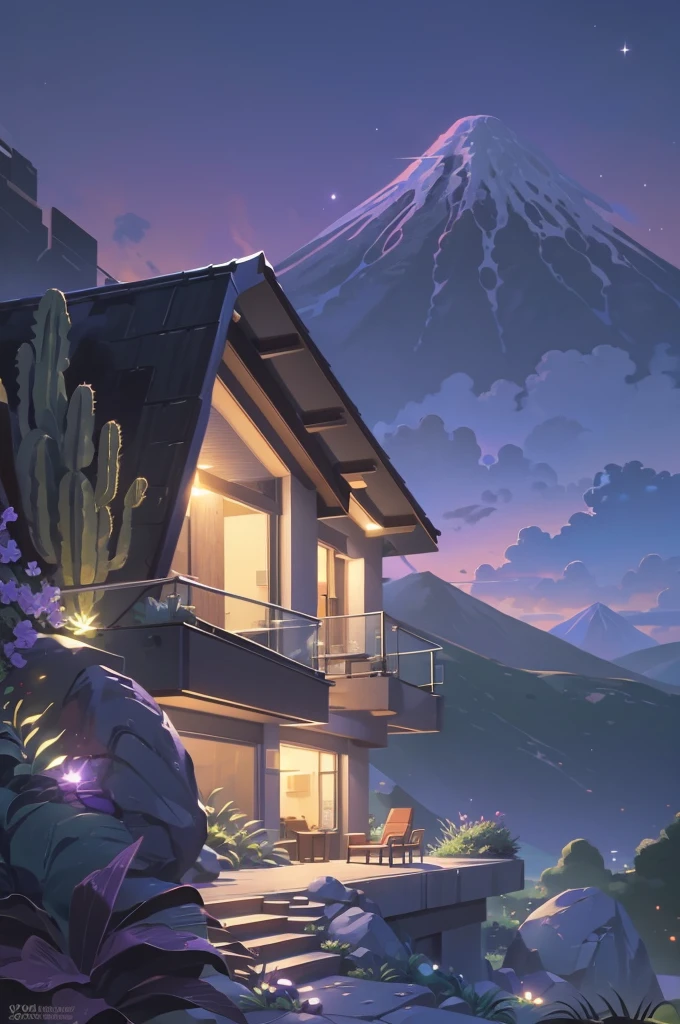 small and beautiful modern house in top of big boulders, terraces, pool, stairs, multiple cacti gardens, palms, trees, rocks, beautiful landscape design, mountains and volcano y background, amazing clouds, sun, moon, planets, milky way galaxy, concrete, wood, glass and steel materials, olive green, violet, orange and withe colors in facade