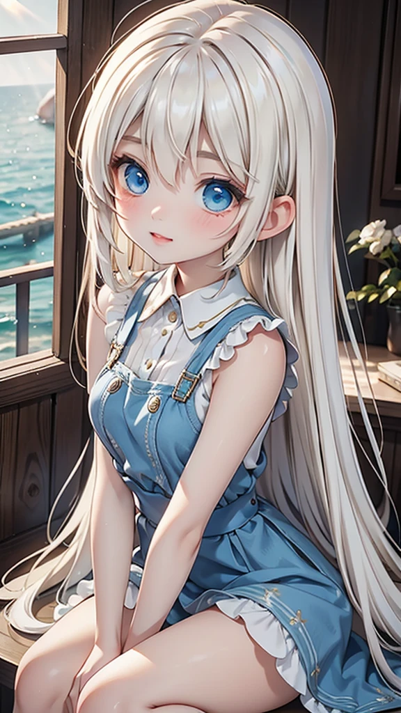 Late 20s European woman、Anime-style illustrations。Short stature with a youthful appearance、Fair skin。Short stature with a youthful appearance、Long, bright golden-white hair、Big Blue Eyes。Delicate and slender figure。Wearing a fairy-like elegant dress。Cute expressions and gestures。The background is the bright sunshine of the sea。（Enjoying the sea up to his knees。）Overall delicate and dreamy atmosphere。High-quality digital art。