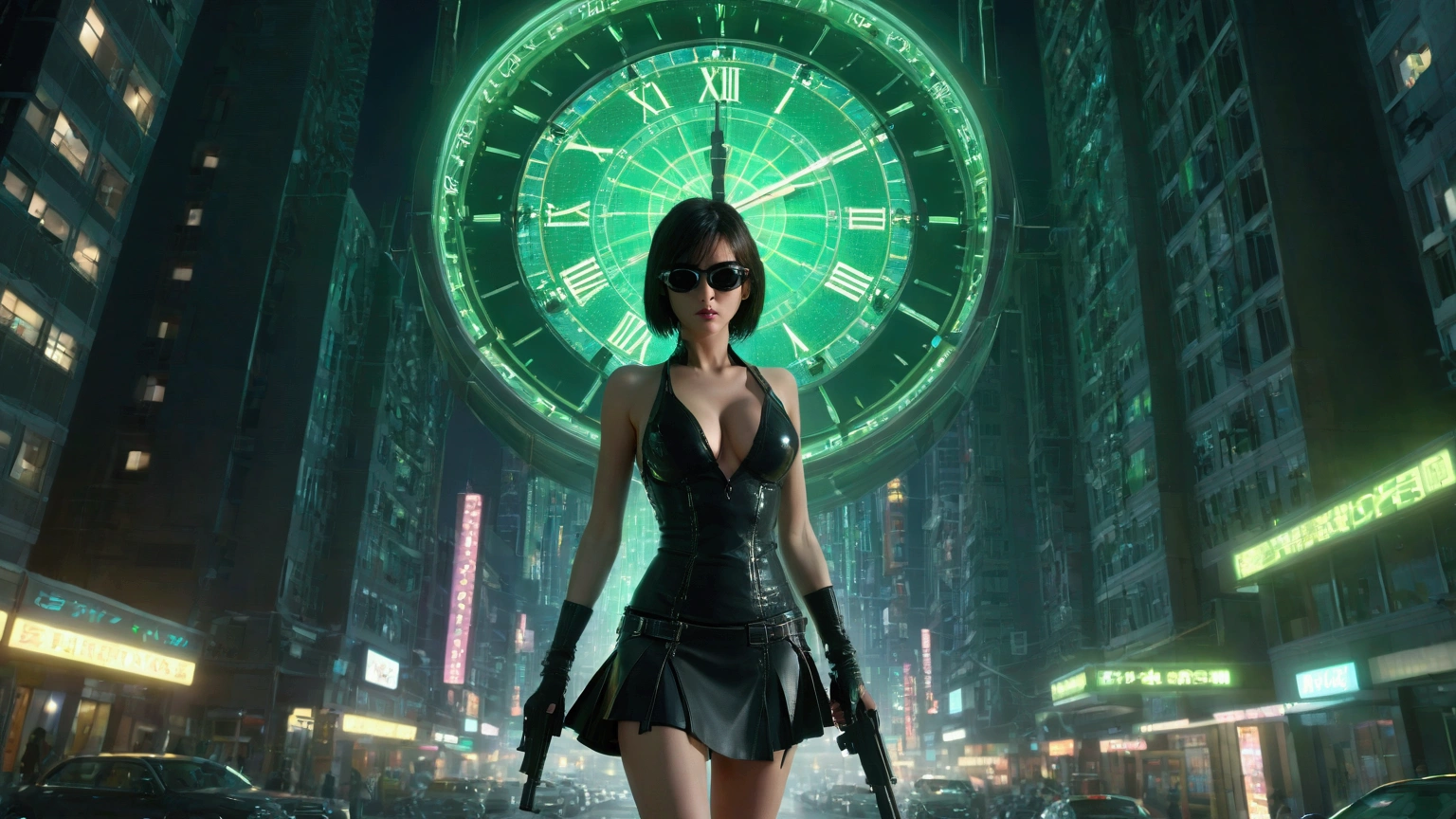 (Wide angle view). Matrix film inspired city, simple outlined neon tall buildings, glowing giant clock tower, lightning, close-up glowing matrix cascading code, 3D rendering Beeple. At night, (1girl, solo, alone), photorealistic, large-breast slim:0.6 body, oval:0.5 face, cleavage:1.1, miniskirt, deep-v, ((upskirt)), glove, (Matrix style black micro sunglasses), ((aiming viewer with a short gun)), (half-body thigh level close-up shot), cinematic lighting, ray tracing.