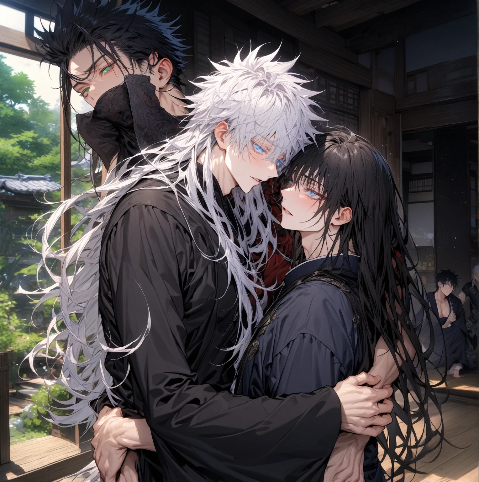 absurdres, highres, ultra detailed, HDR, master piece, Gojou Satoru, white hair with bangs, long hair, expressive blue eyes, white eyelashes, black Chinese robes, Fushiguro Megumi, long hair, black hair, expressive green eyes, black and red Chinese robes, Jujutsu Kaisen, accessories, two sexy man together, handsome, best quality, fantasy, magical, solo, sensual, inside Japanese house, moonlight, manly man, glittering, gay couple, yaoi,