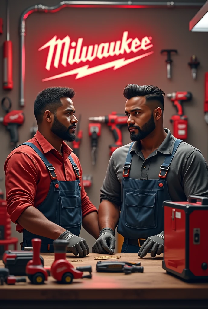 Imagine A 2 male electrician working ,dark skinned with short black beard, and straight brown hair, Dark colored slightly slanted eyes, lips a little big ,a little chubby,  with Milwaukee tools around and the word PizarroElectric in the background 