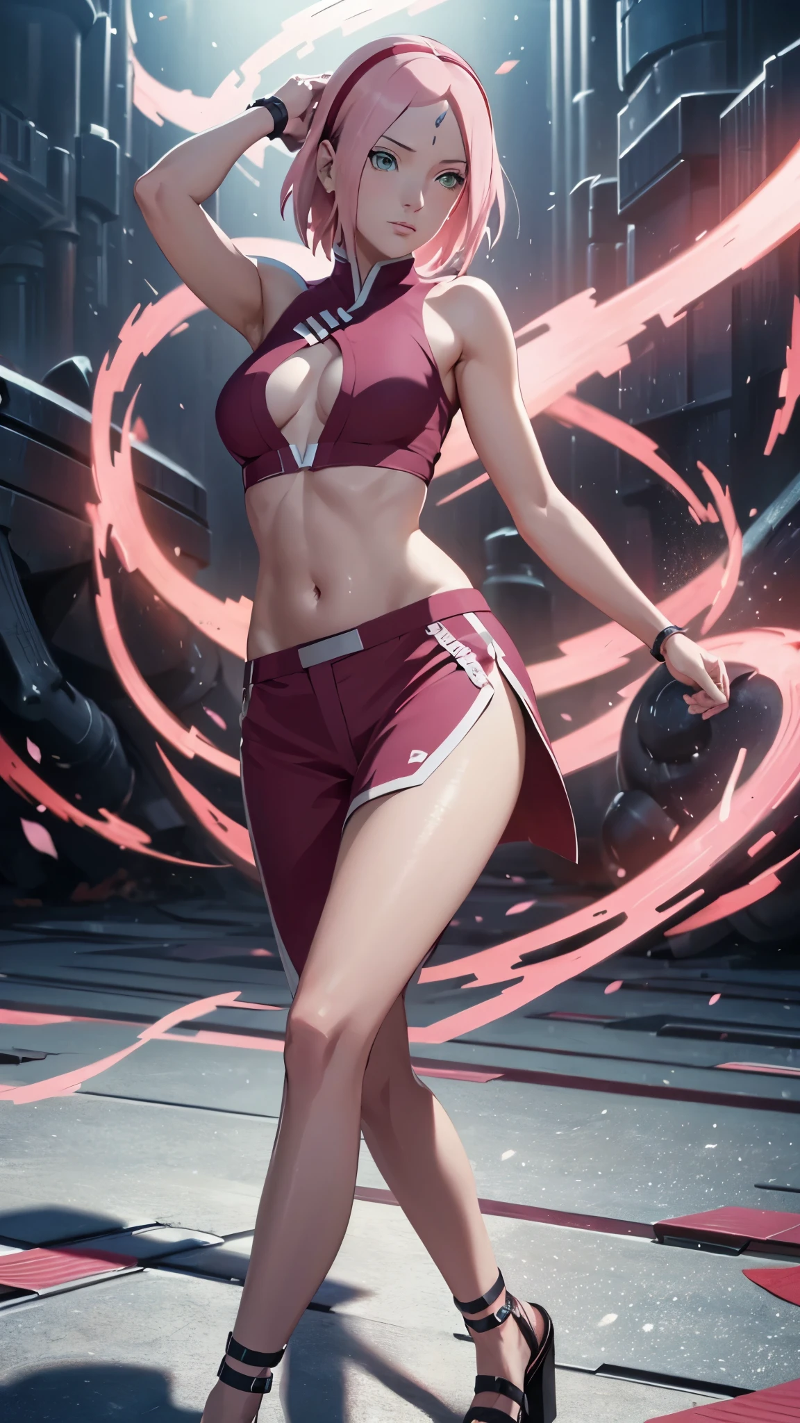 a beautiful detailed portrait of sakura haruno from naruto shipuden, exposed midriff, gorgeous legs, perfect lighting, shapely thighs, sensual pose, dramatic shadows, highly detailed, photorealistic, 8k, masterpiece, cinematic lighting, elegant, colorful, vibrant, glowing skin, dynamic composition, intricate details