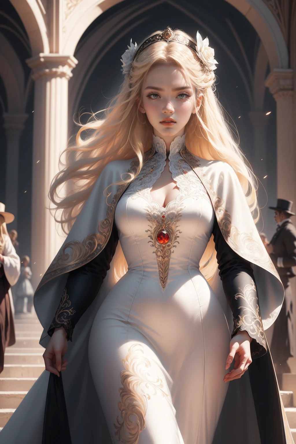 (Masterpiece - Ultra-detailed, very high resolution) Prepare to be enchanted by a true masterpiece that combines ultra-detailed art with high-resolution rendering. This work depicts a mesmerizing woman with very long blond hair (1.3) and captivating light blue eyes (1.2), emanating an aura of elegance and mystery in Victorian settings. The intricate details and realistic textures invite you to explore every aspect of this enchanting composition. Woman wearing beautiful classic Victorian costume from the year 1878. Red lips. Happy face. Smiling. (white dress). walking, upper body, dynamic poses. Get ready to dive into a world where beauty and craftsmanship merge perfectly.
