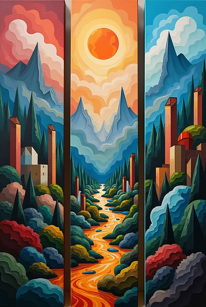 A painting about climate change in cubist style and the painting is divided into three equal parts 