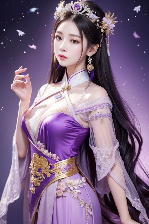 a close up of a woman in a ???? transparent white gold low-cut lace armor cleavage ??????? with a lotus flower in her hand, head jewelry, violet necklace, jade belt , a beautiful fantasy empress, ((a beautiful fantasy empress)), beautiful celestial mage, beautiful character painting, full body xianxia, portrait knights of zodiac girl, by Yang J, g liulian art style, fantasy art style, foreshortening
