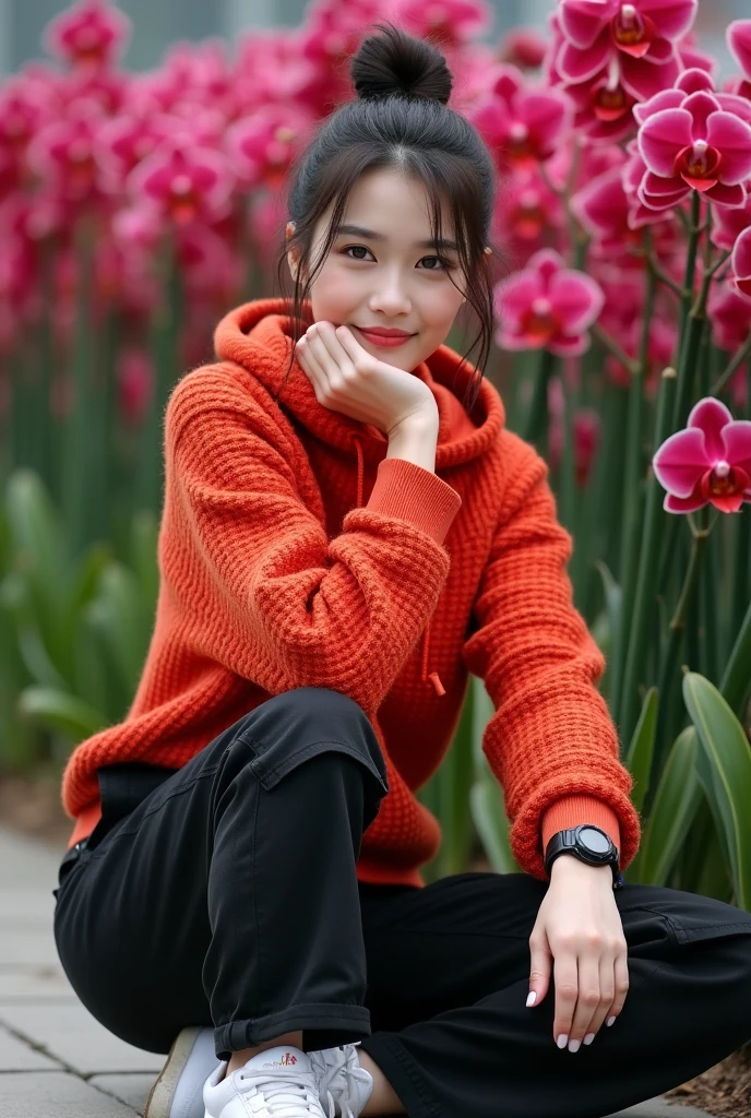 a beautiful Indonesian woman, smooth white skin, well-groomed face,hair in a bun , Korean road, ,wearing a red orange knitted hoodie, brand name (feel ) trendy black cargo pants with lots of pockets,black watch, white shoes, posing sitting next to maroon flowers. which flowers beautifully and thickly. The background of the beautiful orchid flower garden is very amazing .Realistic original photo 