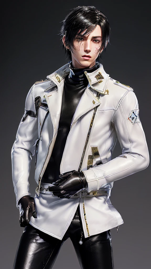 ((Final fantasy taste and reality graphics)), ((Japanese young cute and cool ikemen boy)), his age is early 20s, thin eyebrows and beady eyes, ((((he wearing white color leather very thick single-brest jacket)))),((((leather jacket is smooth luster and shiny)))), ((jacket with epaulet)), ((leather jacket close all zippers)),, ,(( jacket collar is very high length stand-up collar with belts)), , (((also wearing black color turtleneck polyester shirts))), (((tight black and leather pants))), ((((black leather tight and thin glove)))), ((black color leather knee-high raceup boots)),((head-to-toe)), ((whole body)), boy looks like fashion model,Do not show skin from the neck down,(((all his clothes are smooth design and very shining))),(((Avoid adding unnecessary decorations to your clothes))),(((all clothes is simple design and appearance))),(((don't wear jewelry on all clothes)))